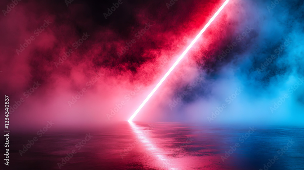 Poster a vibrant scene displaying a diagonal neon light beam dividing a misty red and blue abstract backgro