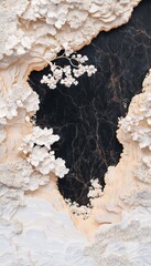 Fototapeta premium Abstract landscape art with textured white and beige elements against a dark background.