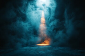 Obraz premium Bright beam of light piercing through fog in a darkened space creates an ethereal atmosphere at night