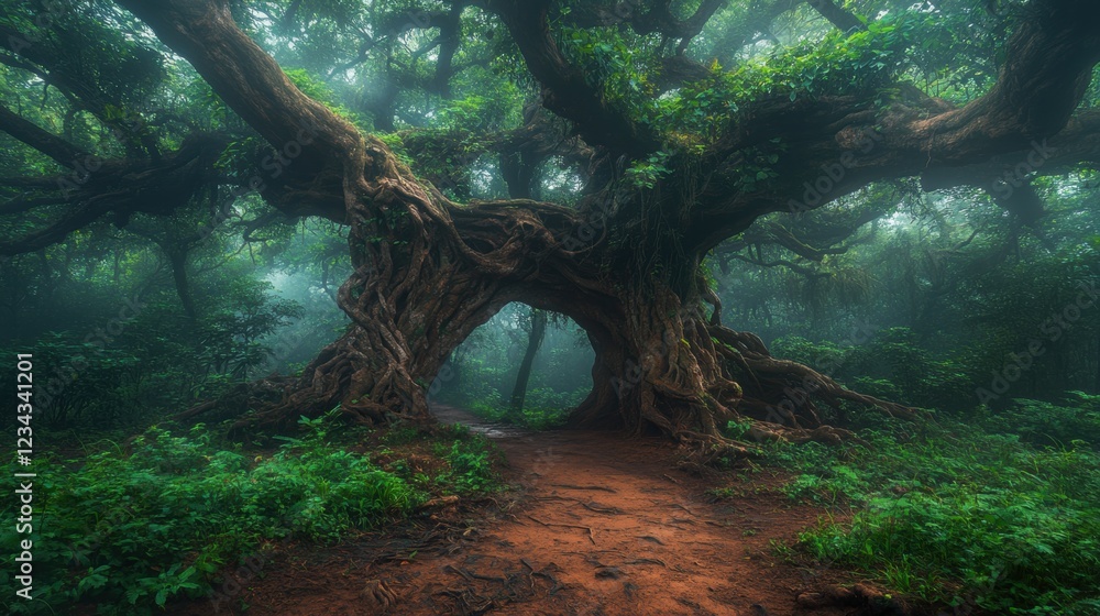 Poster mysterious ancient tree arching over a footpath in a foggy forest surrounded by lush greenery
