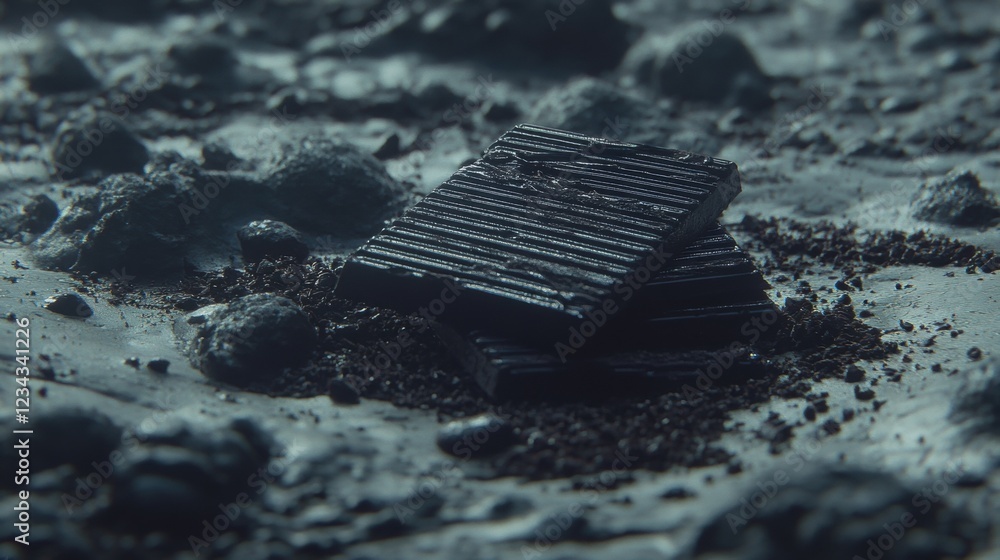 Poster mysterious black textured structures on the moon surface under dim ambient light
