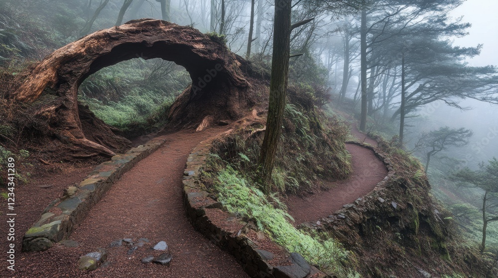 Poster Mysterious Foggy Forest Path Through an Arching Tree in a Lush Wilderness Landscape