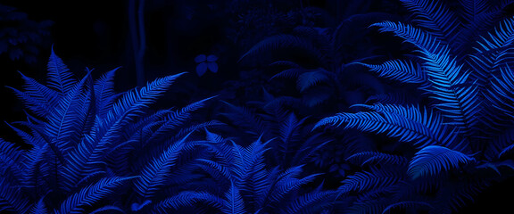 Dark mystical forest, bioluminescent ferns, neon blue glow, ethereal atmosphere, fantasy landscape, mysterious shadows, deep blue hues, lush foliage, surreal nature scene, moonlit undergrowth, alien f