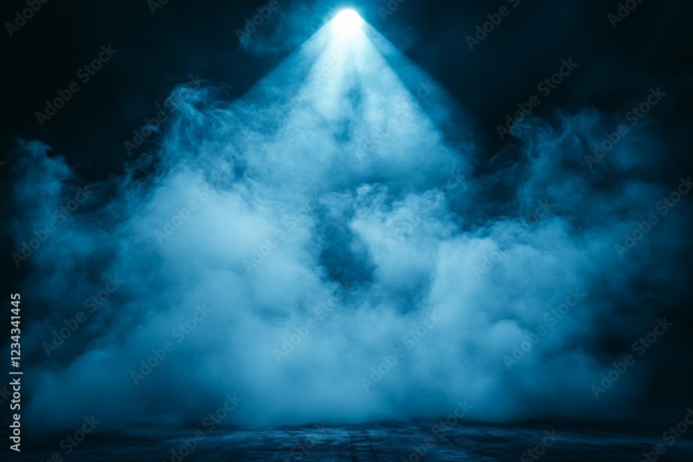 Poster mysterious blue light beams illuminating foggy space in a dark environment