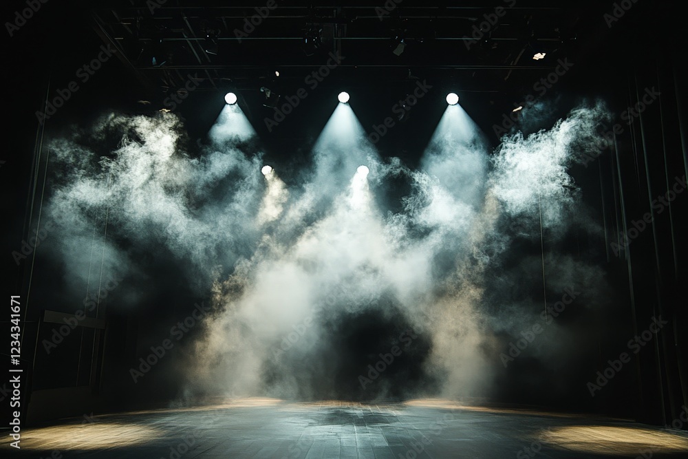 Poster dramatic stage with fog and bright lights creating an immersive atmosphere during a performance