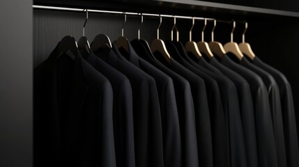 Obraz premium Elegant Black Suits Hanging in a Modern Wardrobe Closet