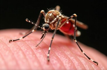Fototapeta premium A mosquito on a person's skin sucks blood. Macro photography of insects.