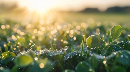 Dew-kissed clover field sunrise; rural landscape, bokeh background; nature imagery