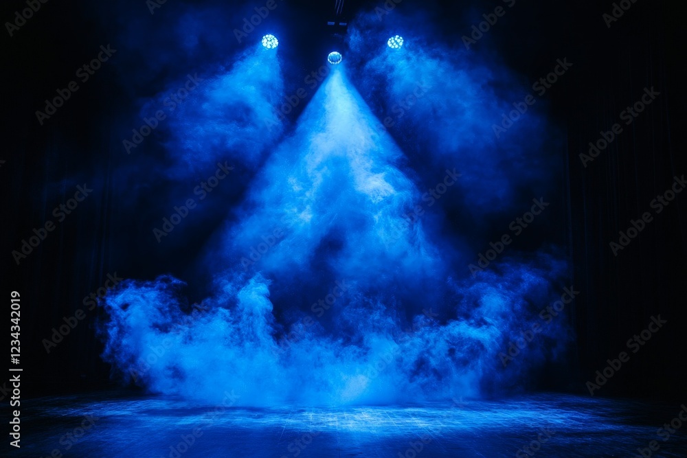 Poster stage lighting creates a dramatic atmosphere with blue fog during a performance in a theater setting
