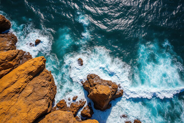 Ocean waves hitting rocky shore with foam