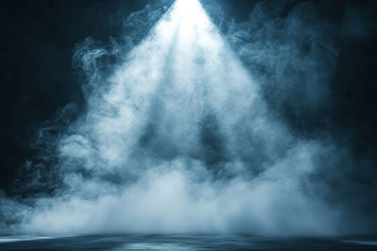 Mysterious spotlight illuminating smoke in a dark environment at night