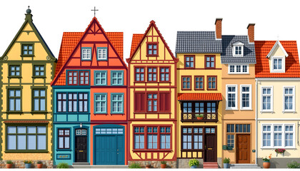 Fototapeta premium Old European houses facade set, colorful houses of different architectural styles vector Illustrations on a white background , with white tonespng