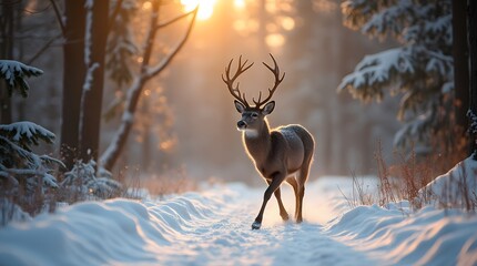A young deer with small horns follow the snowdrifts of snow in the forest. Evening in the snow forest and a walking deer.