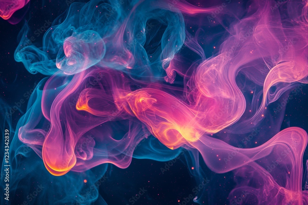 Poster Fluid patterns of vibrant pink and blue smoke swirling against a dark background create a captivating visual display