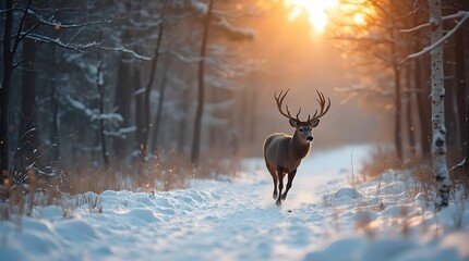 Hunting for a deer in the winter in the forest. A wild deer runs in the snow in the evening in the forest. The evening atmosphere of the winter forest.