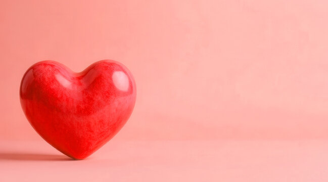 Red glossy heart on a pearch color background with copy space. Mockup design of Valentine's day card with empty place for text. Long banner. Health care and medicine concept. Love symbol. Side view