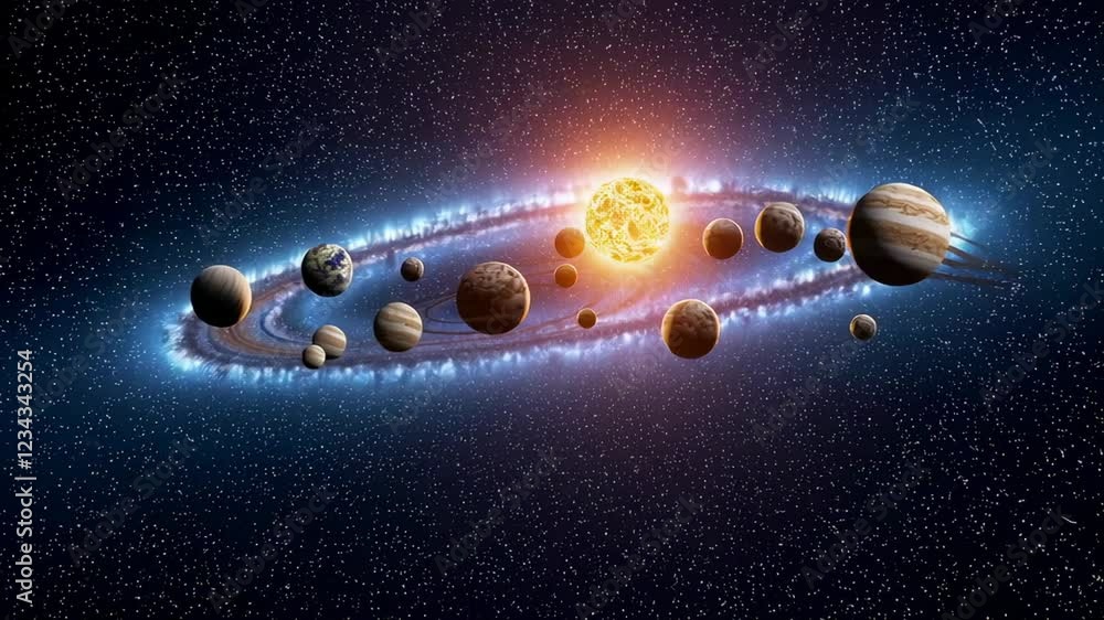 Aufkleber planetary bodies gracefully orbiting central star, revealing intricate gravitational interactions wi