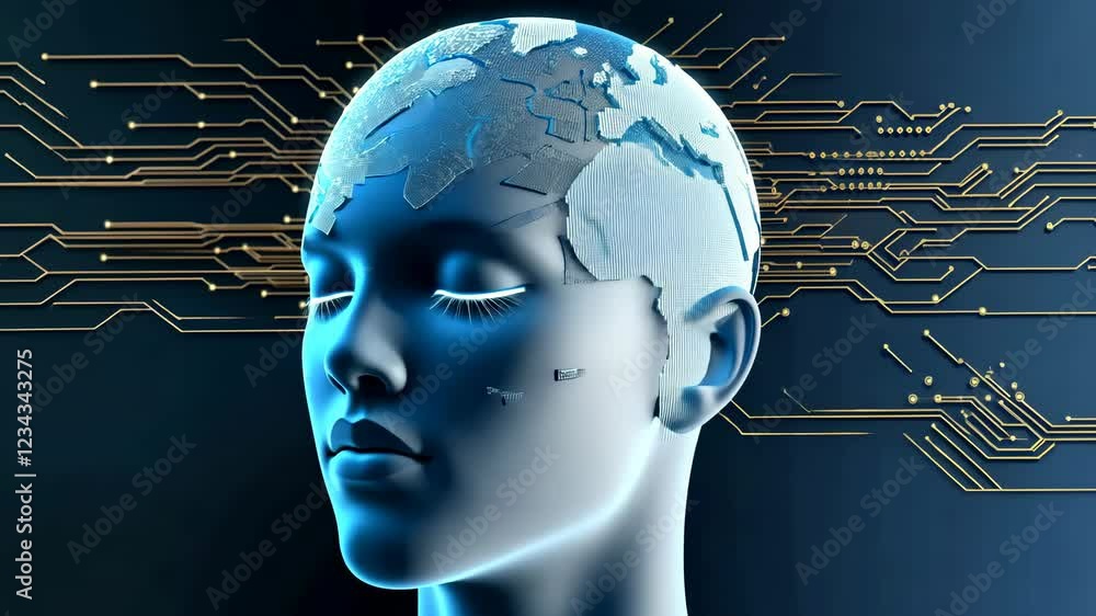Poster a futuristic representation of a human head with digital circuits, symbolizing artificial intelligen