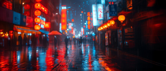 Blurred view of an Asian city street with vibrant red, blue, and grey tones. Urban ambiance with modern and traditional elements, creating a dynamic and atmospheric background.