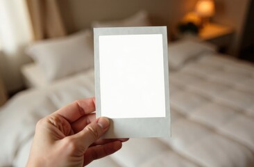 Fototapeta premium Close-up. Man holding blank Polaroid photo against bedroom background. The concept of memory in photographs.