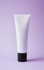 Photo of a white tube with a black cap, centered on the right side of an isolated light purple background. 