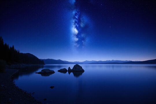 Night sky over water with Milky Way and shooting star reflection