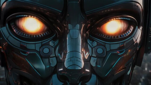 Giant futuristic robot face observing spaceships flying over city