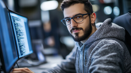 Fototapeta premium Young programmer at work with screens on a office desk