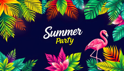 Naklejka premium Set of Colorful summer party posters with fluorescent tropic leaves and flamingo. Summertime background , with white tonespng