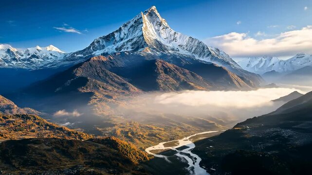 drone aerial view of beautiful forest and snowcap mountain  , cold misty fog drifting over river