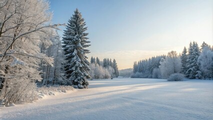 Obraz premium Serene winter landscape with snow-covered trees against a clear blue sky, frosty mornings, peaceful scenery