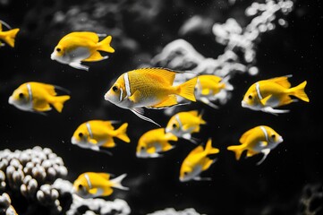 Obraz premium Bright yellow fish dart around the coral formations, creating a striking contrast against the dark water while exploring their colorful ocean habitat filled with marine wonders.