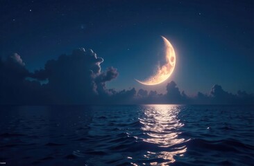 Seascape. A large, partial moon illuminated the evening sky over the sea. Postcard with nature.