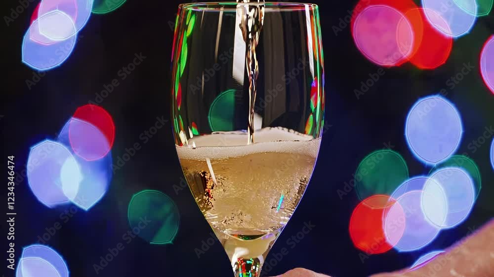Poster a tilted glass awaiting a flow of golden fizz, with the out-of-focus orbs of colorful lights adding 