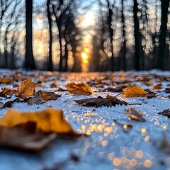 Fototapeta premium Frozen Leaves Glisten in Winter Sunset