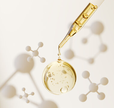 Cosmetic pipette with Cosmetic Essence oil Liquid drop on a white background, 3d rendering.