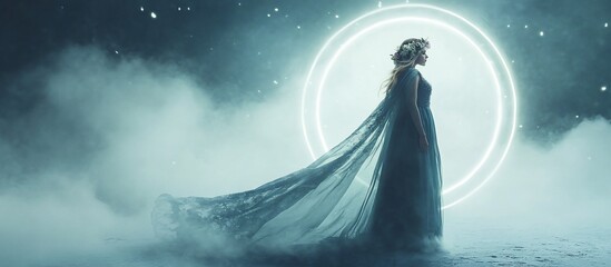 Naklejka premium Enchanted Moonlit Fantasy: A Woman in a Flowing Gown Under a Glowing Circle