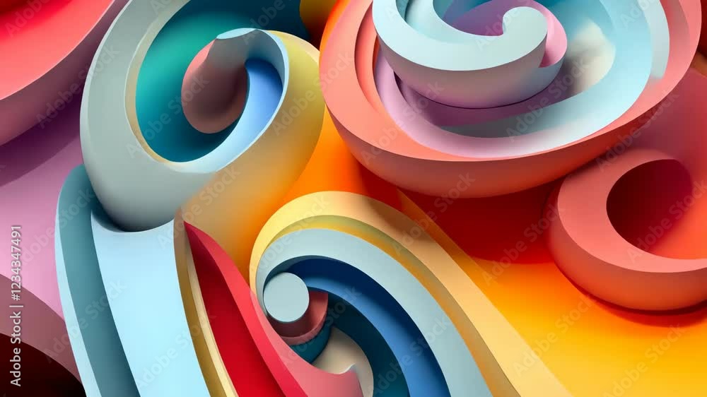 Poster dynamic abstract animation features swirling shapes in varying hues, creating a mesmerizing flow of 