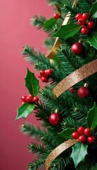 Pink and gold glitter wrapping around festive holly branches, green, gold, floral