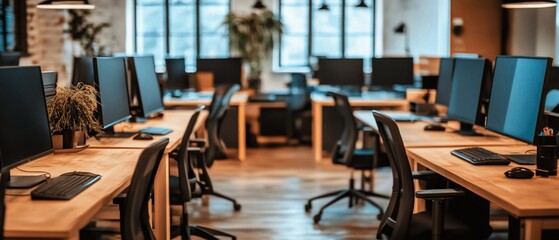 Empty modern office workstations, city view