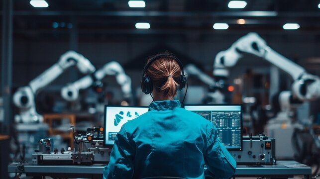 Focused Technician Monitoring Industrial Robots: A Serene Tech Scene