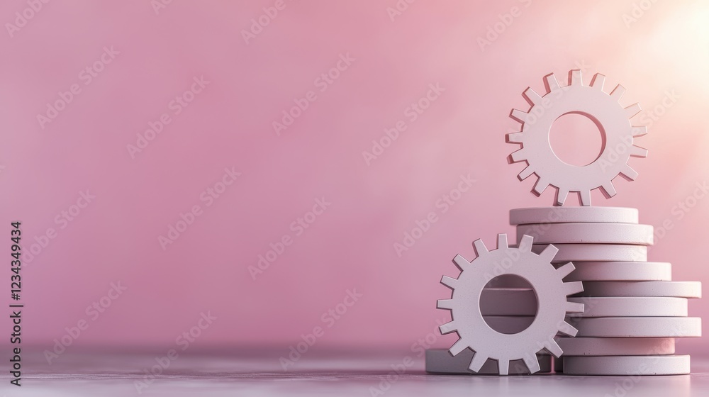 Poster 3d design of translucent gears floating on a soft pink background in modern style