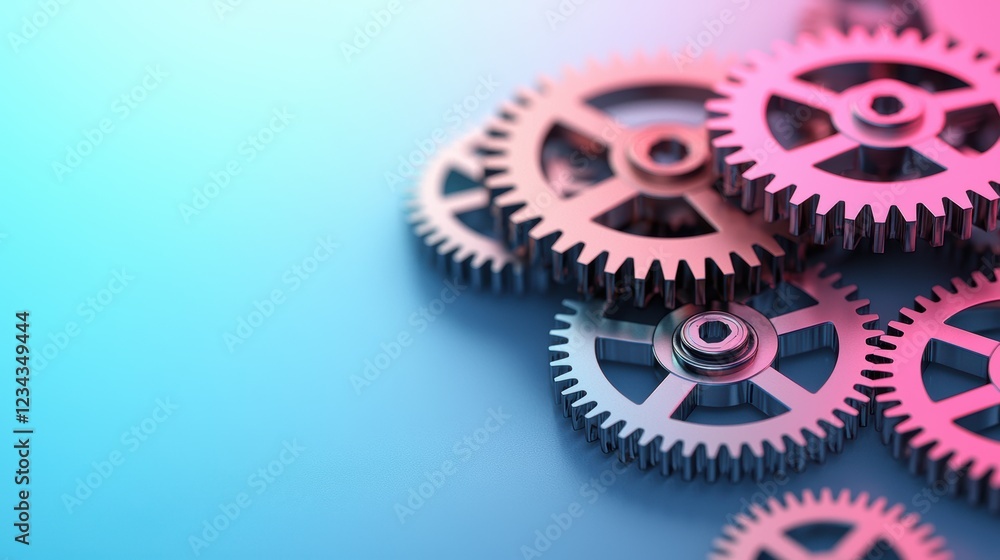 Poster detailed transparent 3d gears on soft gradient background in subtle active arrangement