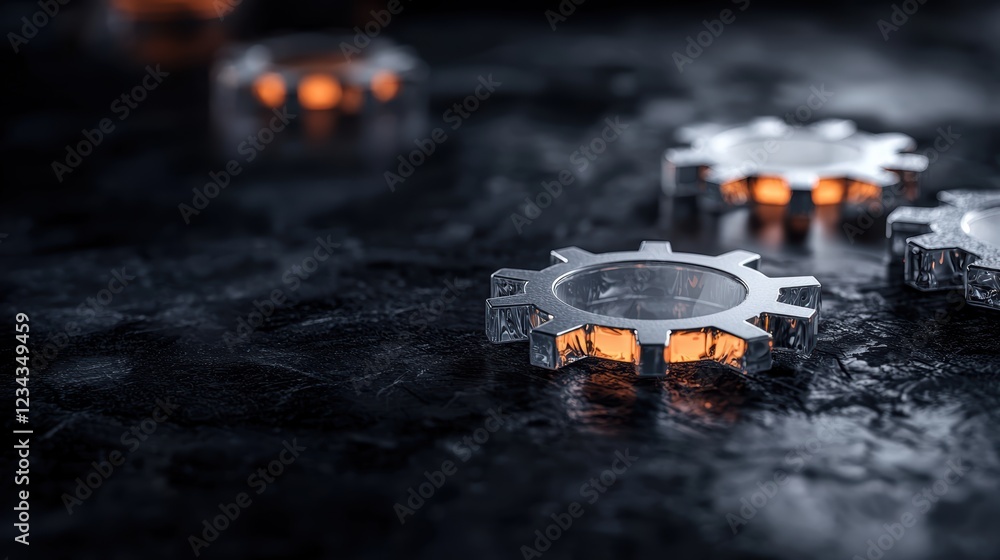 Poster abstract visualization of floating glass gear shapes with soft illuminated background