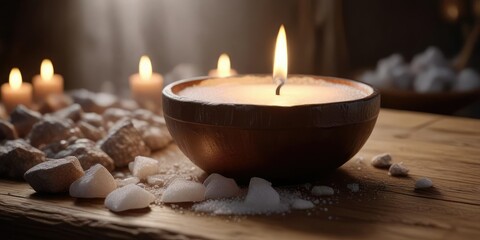 Soft light from a lit candle illuminates a bowl of sugar and rocky terrain on a wooden table , , decorative rock