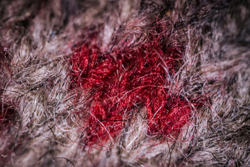 A detailed macro view of knitted fabric in red and beige tones, highlighting the soft, fuzzy texture and intricate weave pattern. Perfect for showcasing cozy materials.