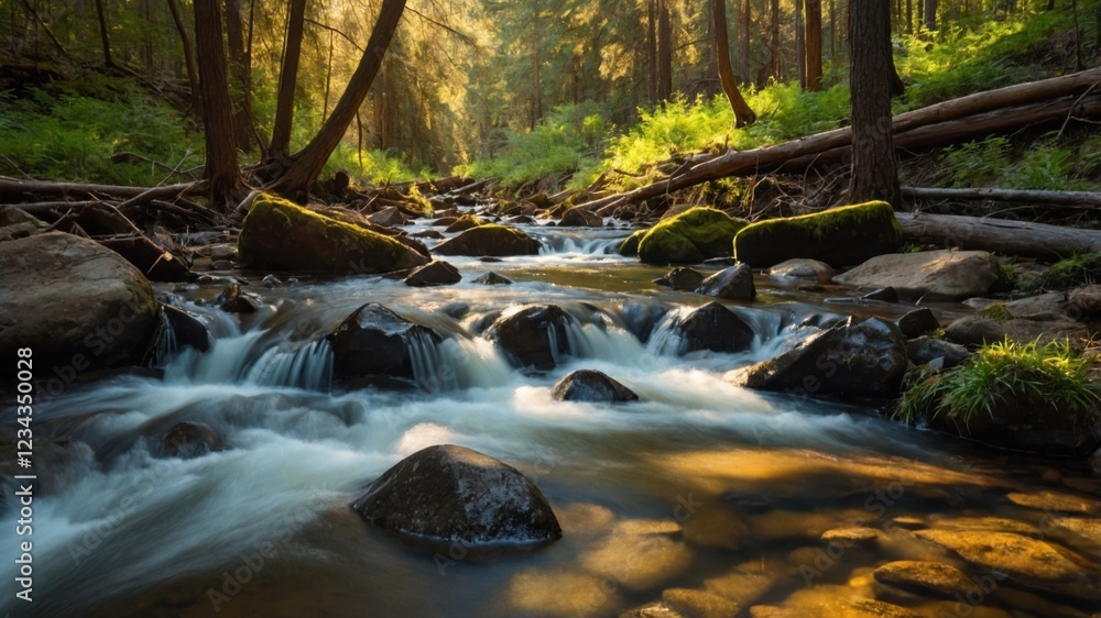 Poster sunlight streams through a forest, illuminating a tranquil stream flowing over smooth rocks. the sce