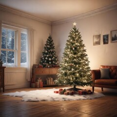 Snow-covered Christmas tree in a dimly lit room, christmas tree, twinkling lights, snow covered christmas tree