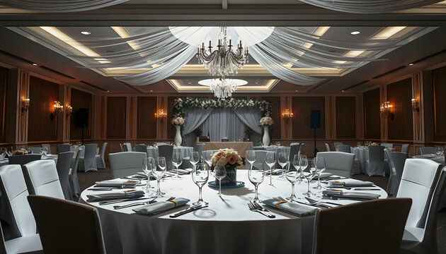 A wedding reception place setting , with white tonespng