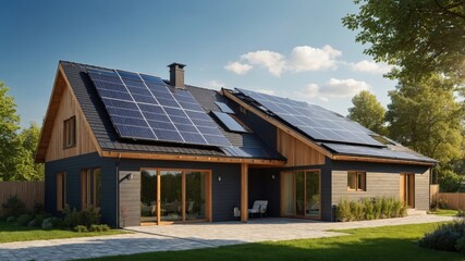 Obraz premium Modern home with solar panels on the roof, showcasing sustainable living and energy efficiency.